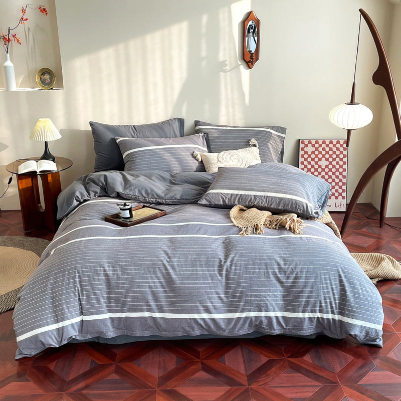 雅鹿无印水洗全棉四件套2*2.3米（单位：床） 素雅-灰条